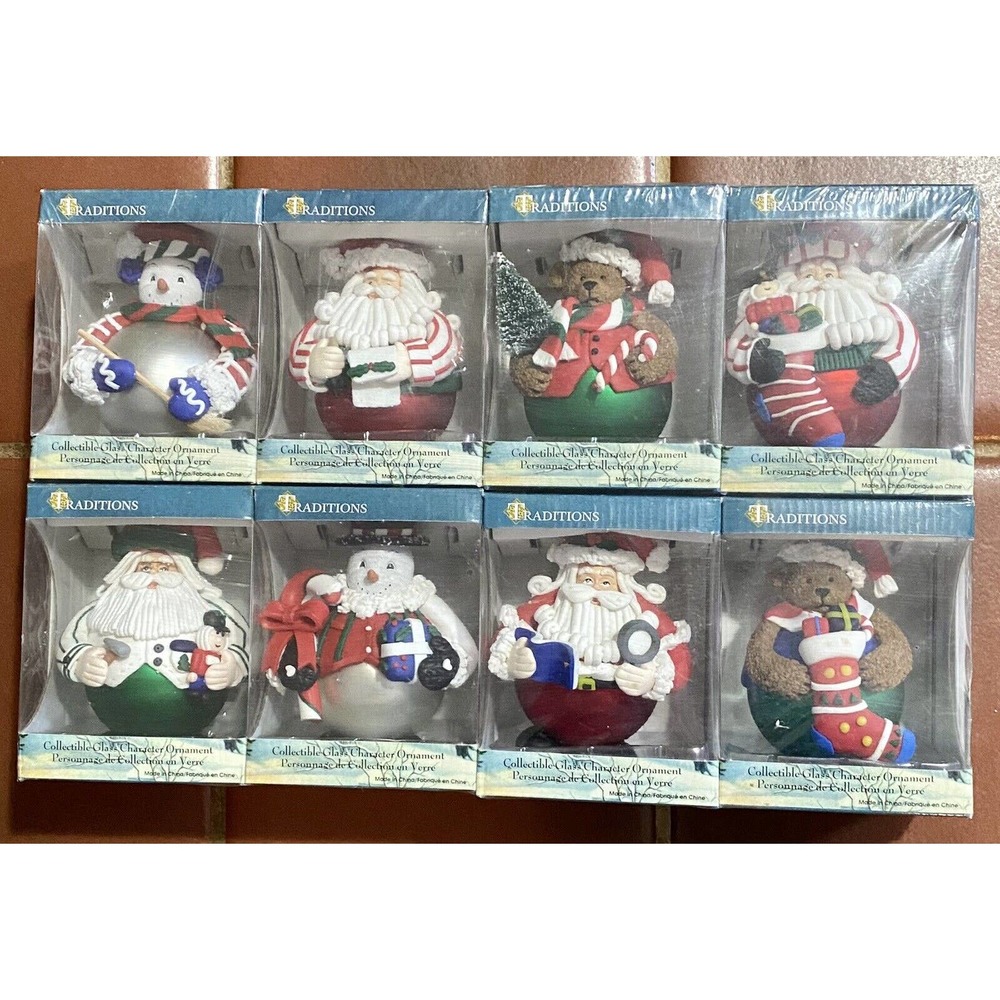 Set of 8 Traditions Collectible Glass Christmas Ornaments Snowmen Santas & Bears